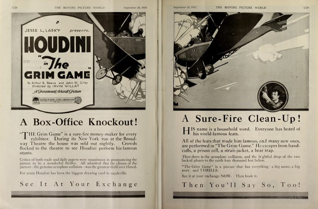 An ad for The Grim Game capitalizing on the mid-air collison.