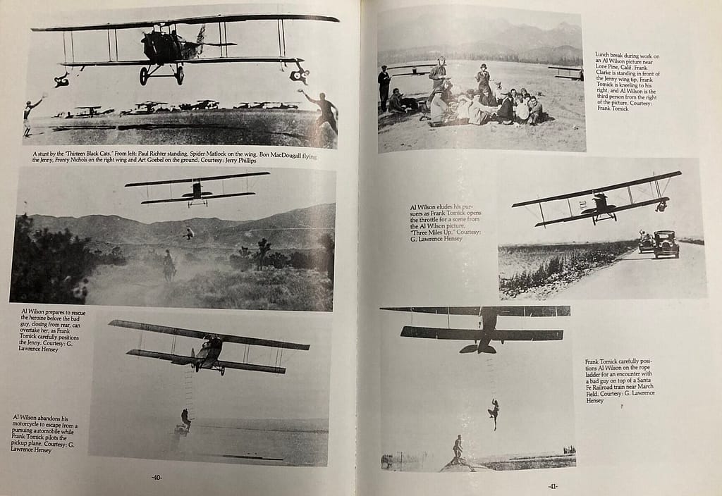 Pictures of Al Wilson and Frank Tomick performing motion picture stunts, pictured in Wynne's book The Motion Picture Stunt Pilots.