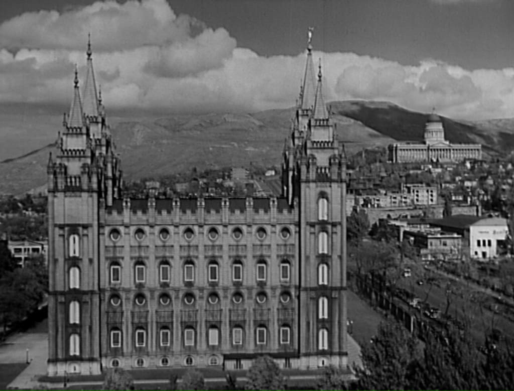 Shot of the salt lake temple circa 1940 at the end of Brigham Young.