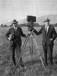 Chet and Shirl Clawson, the most prominent filmmakers in early 20th century Utah with movie camera.