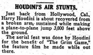 A Variety newsclipping erronously attributing the final airplane stunt to Houdini.