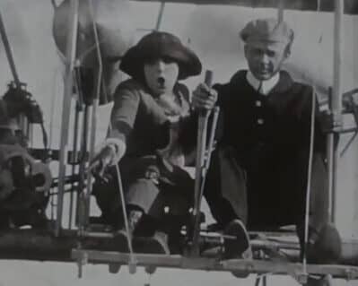 Mabel Normand on a flight in 1912's A Dash Through the Clouds.