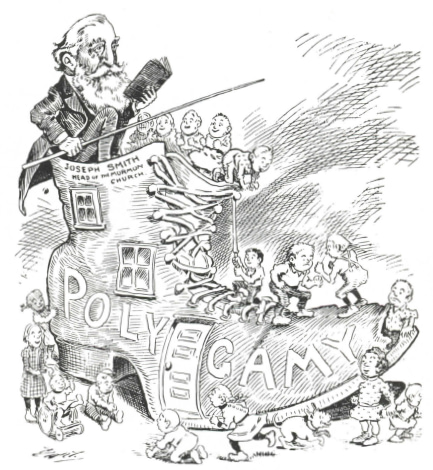 Cartoon of Joseph F. Smith as Father Goose, living in a shoe with more than a dozen rowdy children.