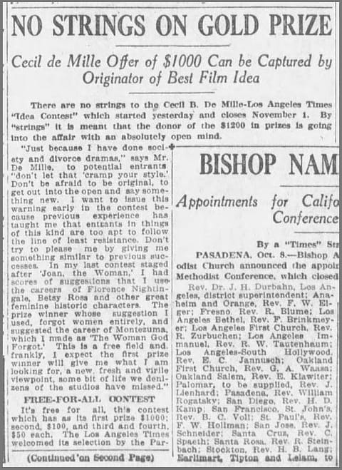 An LA Times article announcing "No Strings on Gold Prize" talking about DeMille's contest to find a new story idea for what would become The Ten Commandments.