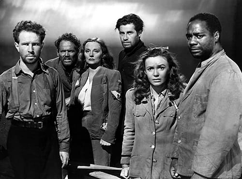 The ensemble cast in Hitchcock's 1944 film Lifeboat.