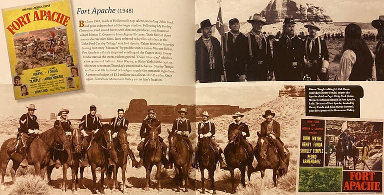 A picture of a page in the When Hollywood Came to Town that features vintage film posters, behind the scene photographs, and publicity stills.