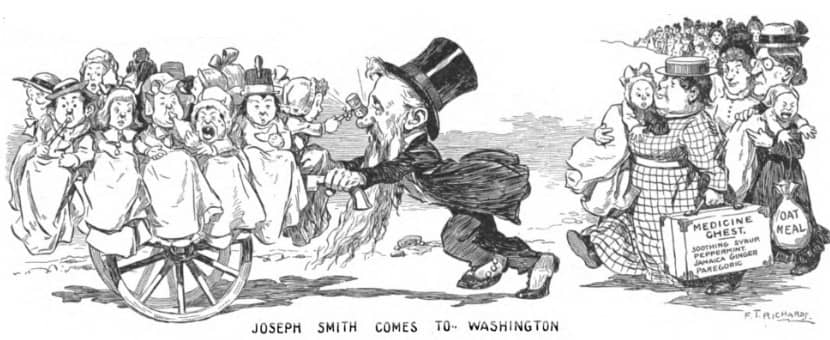 Cartoon of Joseph F. Smith pushing a handcart of a dozen babies followed by an army of his wives.