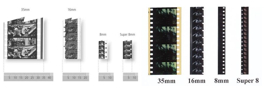 The four main film gauges: 35mm, 16mm, 8mm, Super8